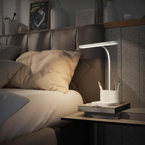 Miniatura 2 de AXX Lámpara de Escritorio Blanca para Dormitorio Universitario, Bonita, LED, Regulable, Pequeña, Portabolígrafos, Cuello de Ganso Flexible, Control