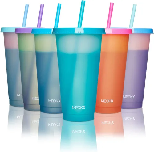 Meoky Paquete de 12 vasos de plástico con tapas y pajitas de 24 onzas reutilizables que cambian de color para adultos y niños, vasos de café frío,