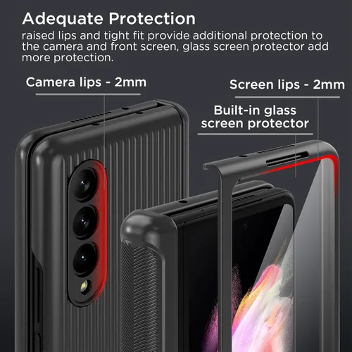 Miniatura 5 de MAKAVO Funda para Samsung Galaxy Z Fold 3 5G con protección de bisagra, protector de pantalla de vidrio templado integrado, ajuste delgado 3D Negro