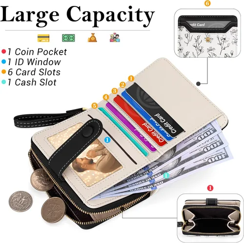 Miniatura 2 de BIAOTIE - Cartera para mujer con flores bonitas, con bloqueo RFID, tarjetero para tarjetas de crédito, monedero pequeño de dos pliegues