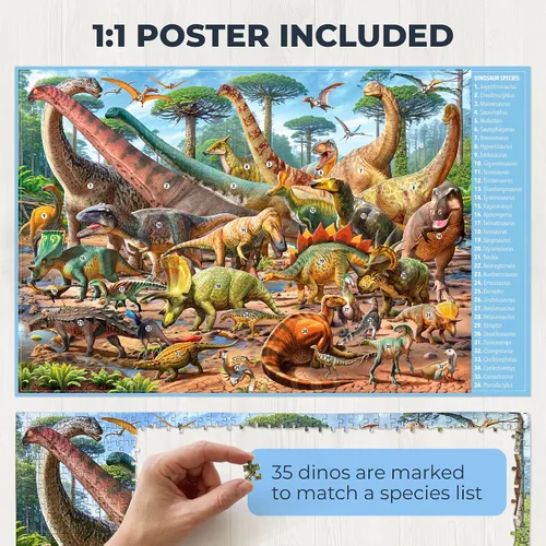 Miniatura 3 de Escena de dinosaurio - Rompecabezas para adultos de 1000 piezas - Ilustración dibujada a mano - Póster 1:1 con nombres y marcas de dinosaurios
