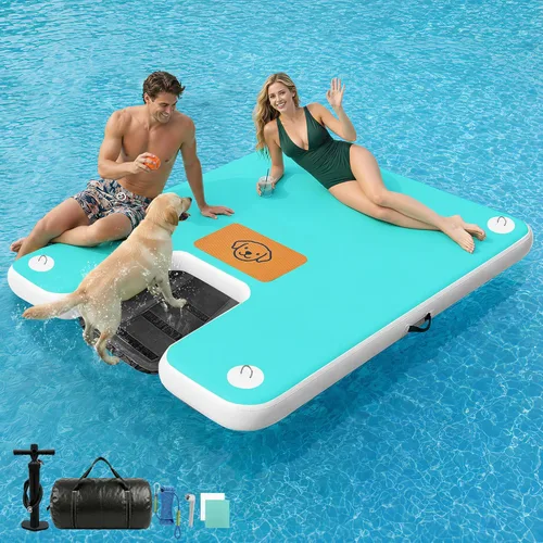 Miniatura 21 de AWEMUFA Muelle flotante inflable con rampa de 5 pies/6 pies/8 pies/10 pies, plataforma flotante flotante, tapete flotante de isla flotante, flotador