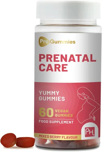 Gomitas de cuidado prenatal | 60 veganas | Deliciosas gomitas con vitaminas prenatales esenciales y minerales | 400 mcg de ácido fólico | Vitaminas