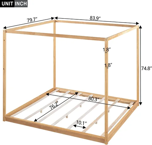 Miniatura 2 de Harper & Bright Designs Cama King con dosel de madera con 4 paneles de póster, marco de cama de suelo, cama de plataforma tamaño King para niños