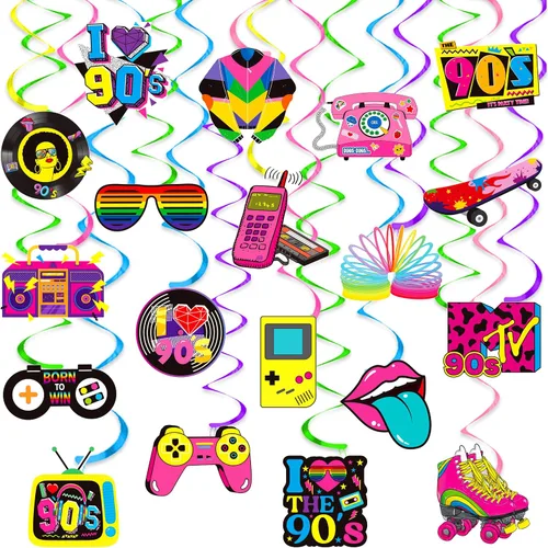 19 piezas de remolinos colgantes de fiesta de los años 90, decoraciones de fiesta de cumpleaños retro de los años 90, serpentinas de techo para