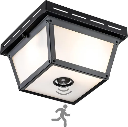 Miniatura 2 de Lámpara de techo con sensor de movimiento de 2 luces, luz empotrada para exteriores, luces de porche, montaje en techo negro con vidrio texturizado