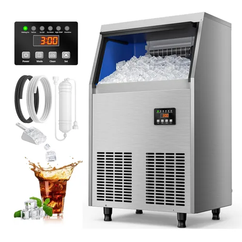 Coolski - Máquina comercial para hacer hielo de acero inoxidable, 100 libras/24 horas, con capacidad de almacenamiento de hielo de 34 libras, debajo