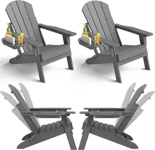 NAVINE Juego de 4 sillas Adirondack ajustables con soporte para tazas, sillas para hoguera de polietileno de alta densidad para todo tipo de clima,