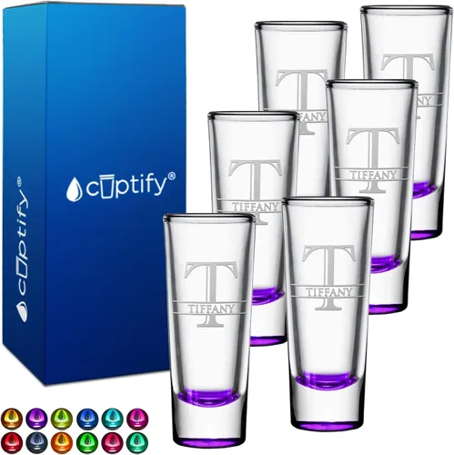 Miniatura 56 de Vaso de chupito personalizado con fondo verde azulado personalizado de 2 oz, vasos de chupito cordial con inicial en script dividido y nombre