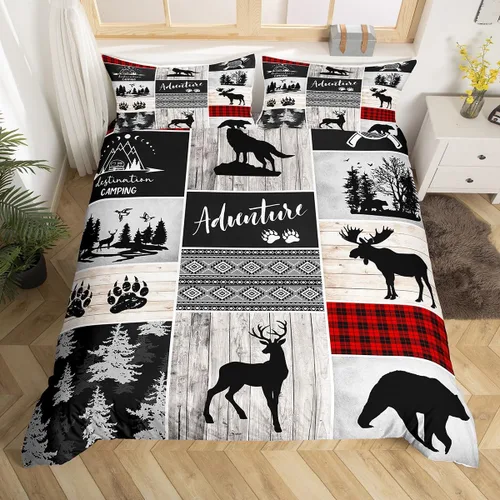 Miniatura 17 de Juego de funda de edredón para niños de ciervo, oso, lobo, tamaño individual, juego de ropa de cama de cabaña de aventura para niños, niñas
