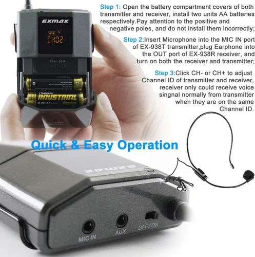 Miniatura 8 de EXMAX EX-938 Micrófono Inalámbrico Auricular Guía Turística Sistema Intérprete Transmisor Transmisor Traductor en su Oído para Traducción Iglesia