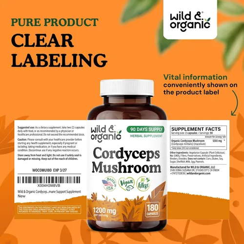 Miniatura 7 de Wild & Organic Cordyceps Cápsulas de 1200 mg - Apoyo inmunológico - Suplemento en polvo de hongos Cordyceps - Extracto de micelio puro - Vegano, sin