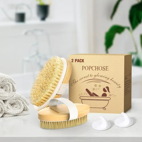Miniatura 7 de POPCHOSE Cepillo de cepillado en seco para el cuerpo, cepillo exfoliante de cerdas naturales para la piel seca, exfoliante corporal para una piel