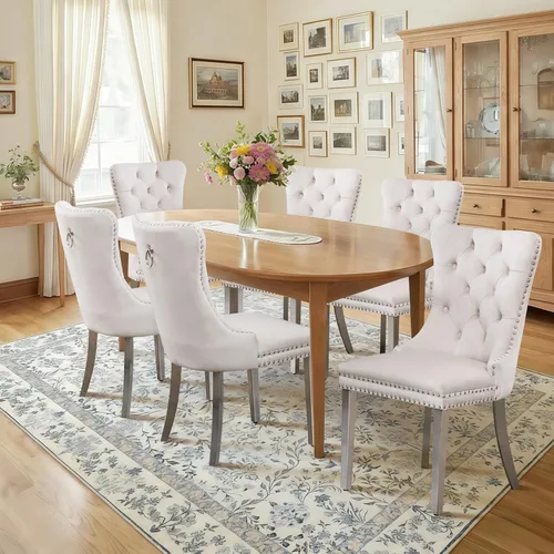 Miniatura 102 de Juego de 4 sillas de comedor de terciopelo, sillas de comedor tapizadas con ribete de cabeza de clavo y patas de madera maciza para cocina