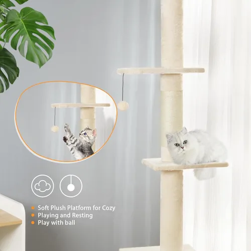 Miniatura 7 de Árbol para gatos de piso a techo, torre para gatos con altura ajustable de 98-110 pulgadas, árbol para gatos de 5 niveles con cama acogedora