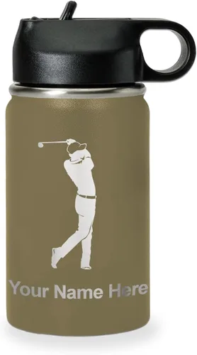 Miniatura 24 de LaserGram Botella de agua personalizada, golfista de golf, acero inoxidable de doble pared aislada al vacío con popote superior, regalo grabado Negro