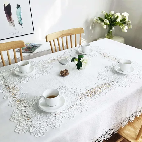 Miniatura 9 de Mantel de encaje para mesas de comedor redondas de 70 pulgadas, diseño de peonías blancas, vintage, para fiestas, bodas, tela lavable para banquetes