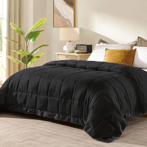 downluxe - Manta de tamaño King con ribete satinado, edredón ligero alternativo para todas las estaciones, lavable a máquina (negro, 108 x 90