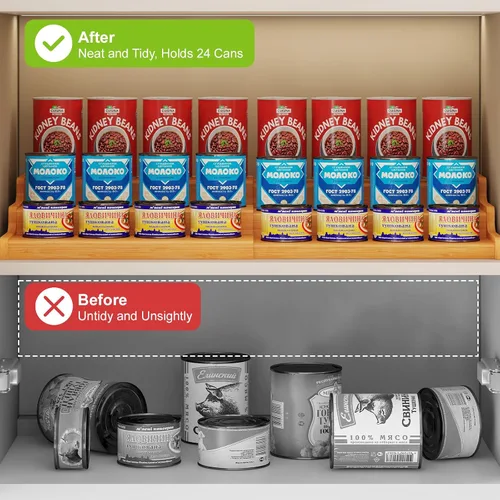 Miniatura 8 de Organizador de latas de bambú expandible para despensa, soporte de almacenamiento de latas ajustable de 3 niveles, organizador de soda con capacidad