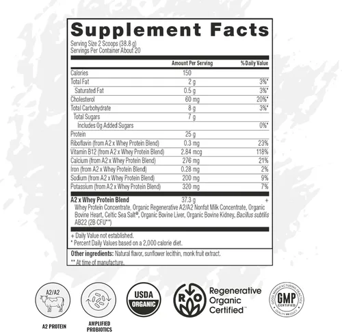 Miniatura 5 de VICERA Proteína en polvo A2, crema de vainilla, 0.88 oz de proteína por porción, mezcla de caseína de suero orgánico A2/A2 con probióticos y sal