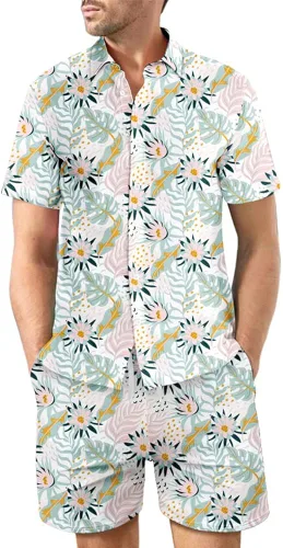 Miniatura 2 de DUOFIER Conjunto de camisa hawaiana para hombre, 2 piezas, estampado floral, conjunto de ropa de vacaciones para la playa
