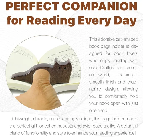 Miniatura 5 de Sujetapáginas con Diseño de Gato, Soporte de Libro de Madera de Nogal con Acabado Liso para Lectura, Regalo Ideal para Lectores y Accesorios