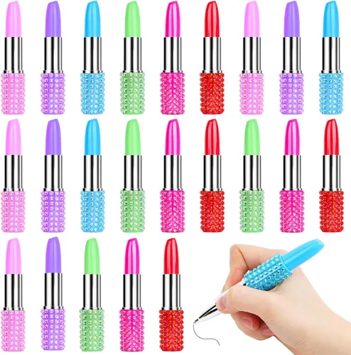 DomeStar 24 unidades de bolígrafos de bola divertidos en masa, bolígrafos de bola de novedad con forma de lápiz labial de strass, lindos regalos