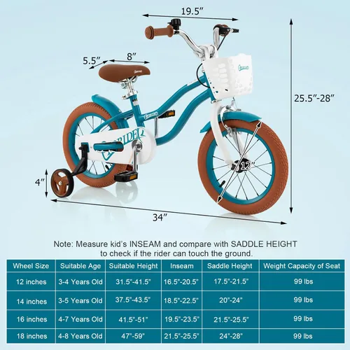 Miniatura 7 de BABY JOY Kids Bike, 12 14 16 18 20 Inch Boys Girls Bike w/Adjustable Seat, Removable Basket, Handbrake & Coaster Brake, Training Wheels or Turquesa