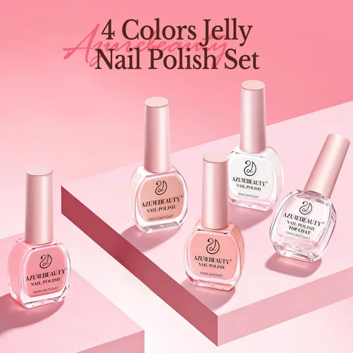Miniatura 8 de AZUREBEAUTY Juego de esmaltes de uñas rosa nude (4 colores + capa superior), aspecto natural de gelatina lechosa, secado rápido, no necesita