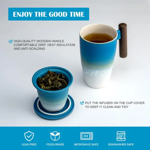 Miniatura 3 de suyika Tomotime - Taza de té de cerámica con infusor y tapa, asa de madera, 13.5 onzas (400 ml) (Azul cian)