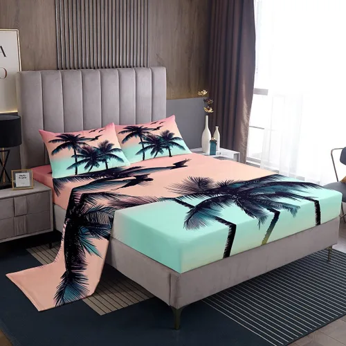 Miniatura 15 de Juego de sábanas de 3 piezas con diseño de playa oceánica, diseño de árbol de coco tropical, para decoración de habitación de niños, niñas, niños