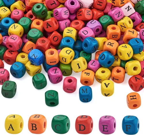 Pandahall - 500 cuentas en forma de cubo de madera natural con patrón de letras de 0.394 x 0.394 x 0.394 in del alfabeto, cuentas espaciadoras