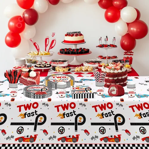 Miniatura 6 de Xigejob Vajilla con dos decoraciones de cumpleaños rápidas, suministros de fiesta de auto de carreras de 2º cumpleaños, vajilla de papel