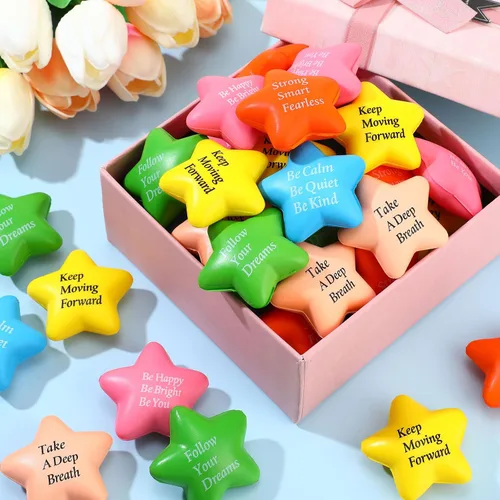 Miniatura 5 de Leyndo 100 bolas de estrés con forma de estrella a granel con citas motivacionales para aliviar el estrés de 2.2 pulgadas, mini bola de estrés