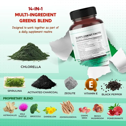 Miniatura 3 de Clorella, espirulina, carbón activado y zeolita ultra todo en 1, desintoxicación natural, apoyo inmunológico y vitalidad, 150 cápsulas