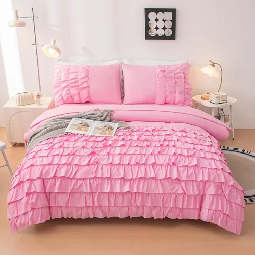 Juego de edredón rosa individual, ropa de cama de 5 piezas en una bolsa individual para niñas adolescentes, juego de ropa de cama con volantes rosas