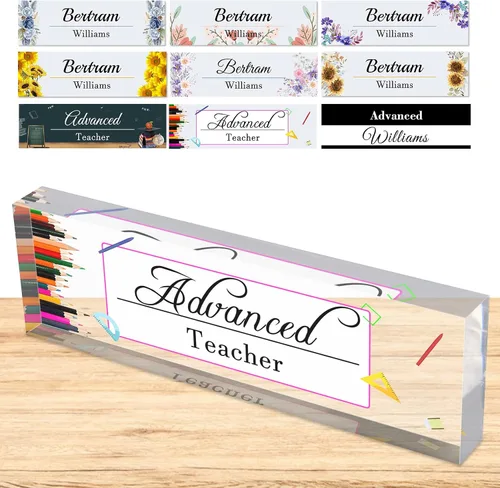 Miniatura 20 de Placa de nombre personalizada para escritorio, placas de nombre personalizadas para hombres y mujeres, diseño de girasol con logotipo de negocios