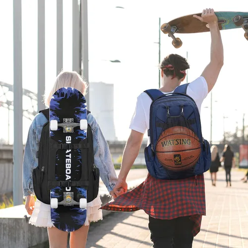 Miniatura 2 de Mochila para monopatín, baloncesto, béisbol, fútbol, rugby, balón de fútbol, multifunción, resistente al agua, con puerto USB, red de baloncesto, se