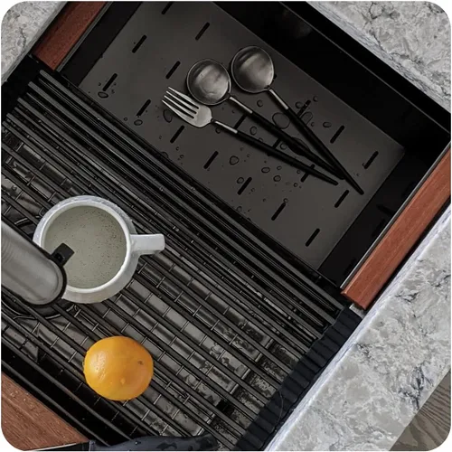 Miniatura 3 de ZEEK Fregadero de cocina con estación de trabajo de 32 pulgadas, color negro, calibre 16, acero inoxidable, doble cuenco 50/50 con accesorios