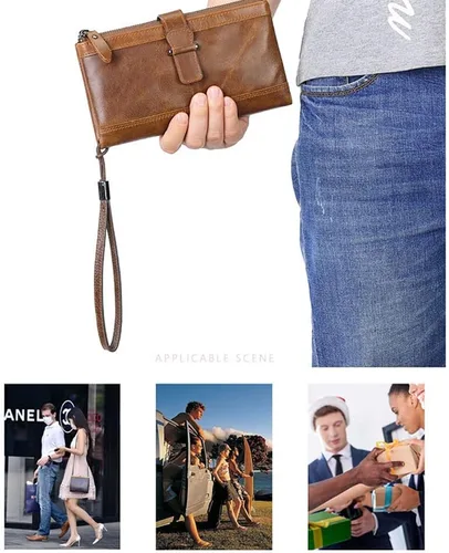Miniatura 6 de SUMGOGO Cartera de cuero plegable grande y larga para hombre, cartera de mano con bloqueo RFID, tarjetero para hombres y mujeres, Marrón, Clásico