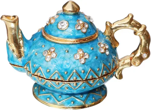 Vals & F Retro azul claro tetera joyero con bisagras anillo con soporte pintado a mano figura coleccionable