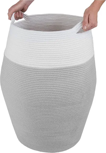 Miniatura 7 de Home-Complete - Cesta de lavandería curvada de cuerda de algodón con asas para sala de estar, dormitorio, baño, guardería y cuarto de servicio (gris)