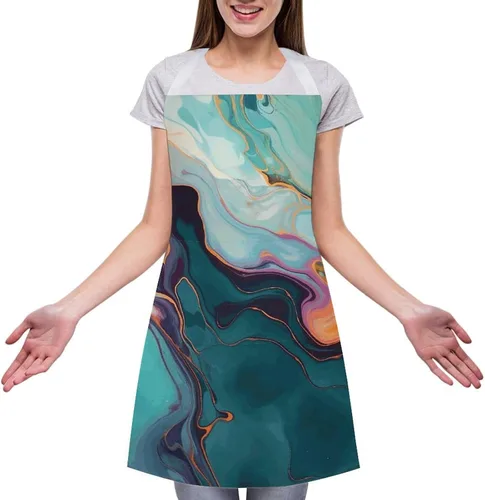 Miniatura 3 de Colourful Marble Cooking Aprons Unisex Kitchen Apron Adjustable Bib Apron with Pockets Waterdrop Resistant Chef Aprons for BBQ Drawing Grilling