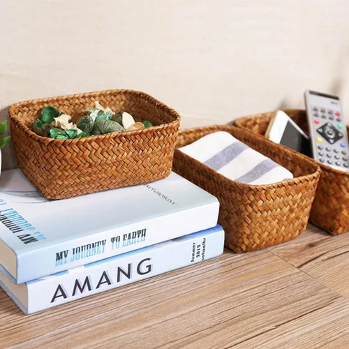 Miniatura 6 de Cestas de almacenamiento de pastos marinos para decoración del hogar, cesta rectangular de mimbre para almacenamiento de aperitivos, cestas tejidas