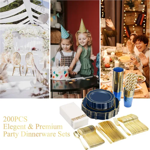 Miniatura 5 de 200 piezas de platos de plástico azul premium para 25 invitados, plato desechable azul y dorado de alta calidad, incluye 25 platos de cena/postre