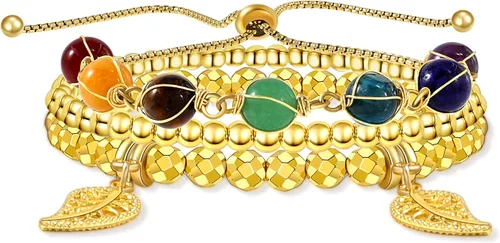 Farfume Juego de pulseras de 7 chakras para mujer, para aliviar el estrés, árbol de la vida y hojas, Cristal, Ágata