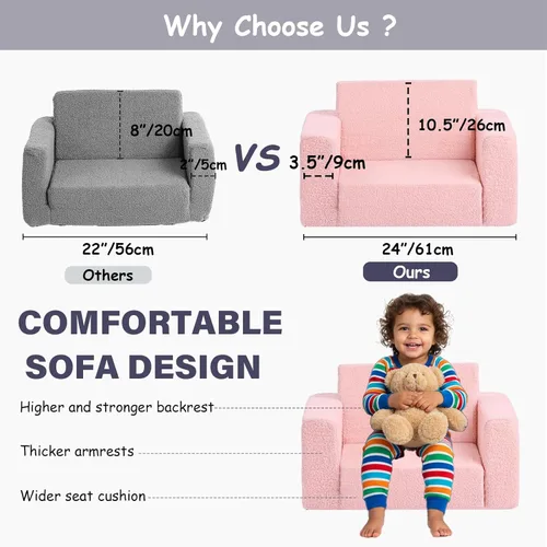 Miniatura 2 de Tiita Sillón Sofá para Niños, Sillas Sofá Cómodas Plegables para Niños Pequeños, Sofás de Felpa 2 en 1 Desplegables para Niños, Silla con Rosa