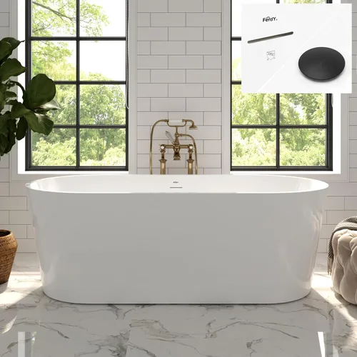 Miniatura 22 de FerdY Shangri-La - Bañera de acrílico independiente de 67 pulgadas, bañera de remojo de acrílico de forma ovalada clásica con desagüe de níquel