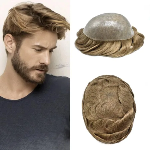 Miniatura 86 de Toupee para hombres de piel fina inyección de PU unidad de peluca para hombre, pieza de cabello humano natural real, sistema de repuesto