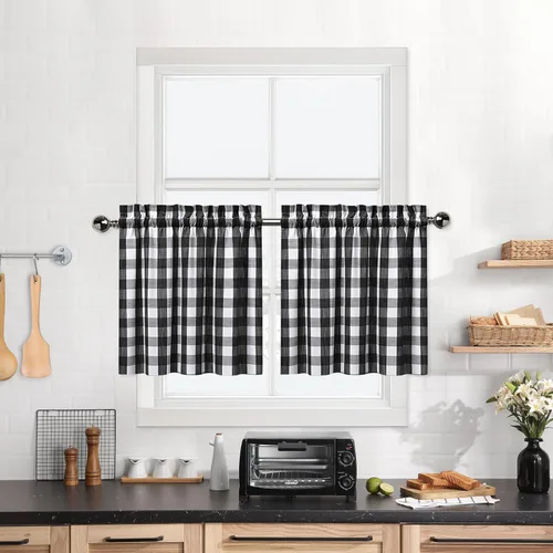 Cortinas de Cocina Estilo Granja de Cuadros Vichy Blanco y Negro de 24 Pulgadas de Largo, Cortinas de Café de Media Ventana de Cuadros Buffalo para